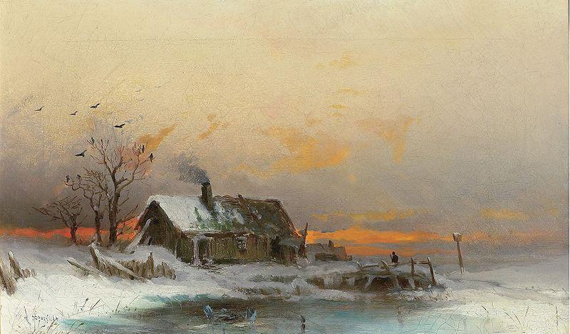 unknow artist Winter picture with cabin at a river